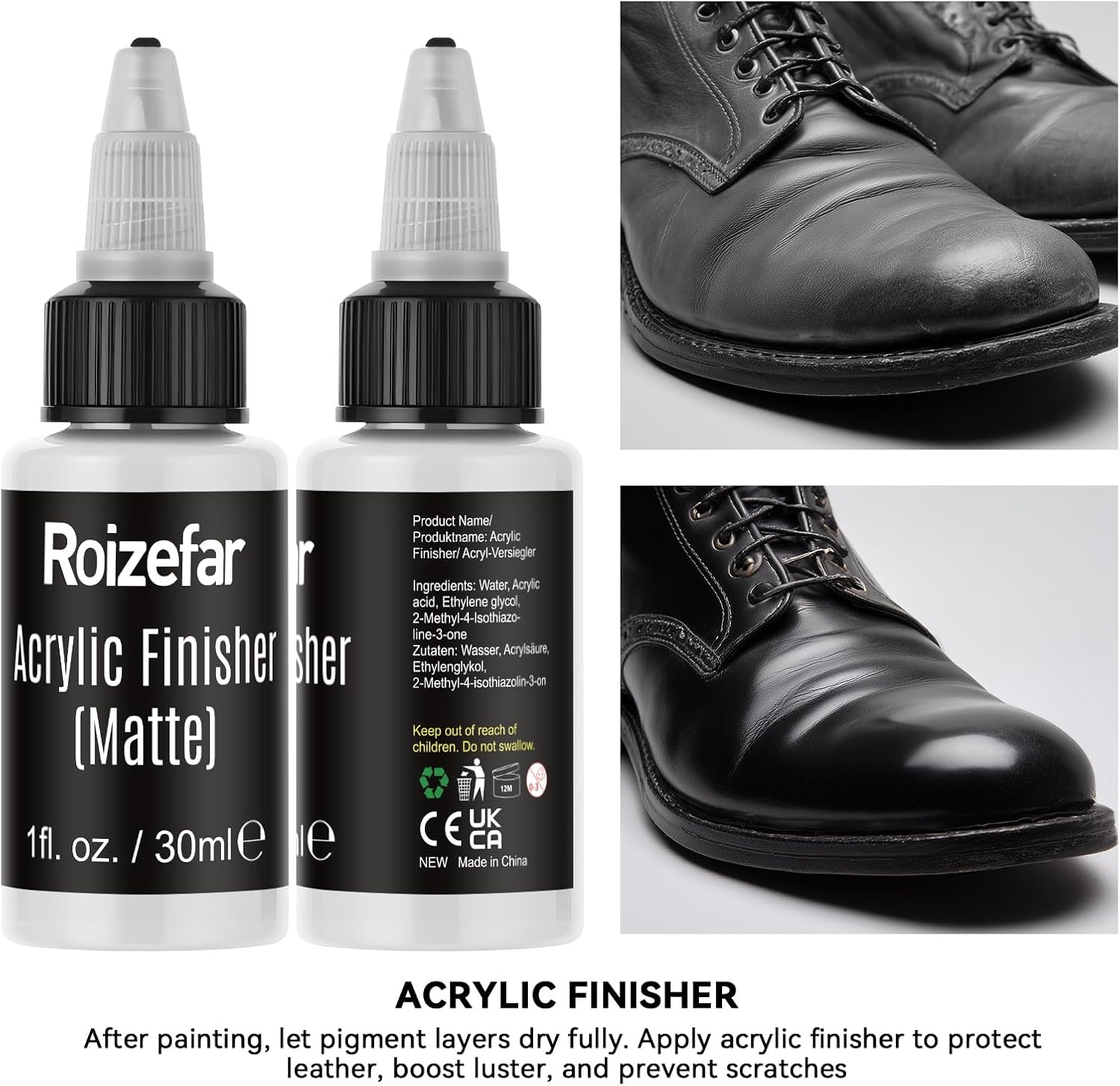 Detalle de Roizefar Kit Ultime – Peinture Acrylique pour Cuir, 18 Couleurs + Primaire et Vernis (20×30 ml) – Chaque Teinte Adhérente et Flexible