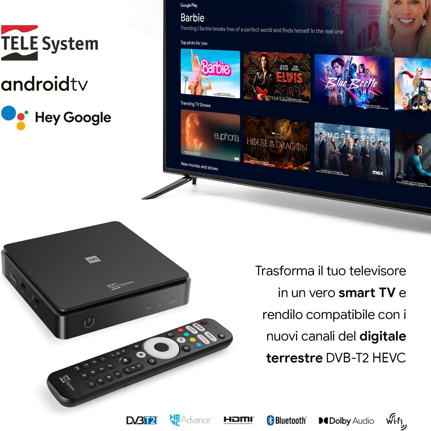 Thumbnail 3 de TELE System ON T2 HD Android TV con decoder DVB-T2 HEVC e HDR10+/HLG, Chromecast integrato (SCART incluso)