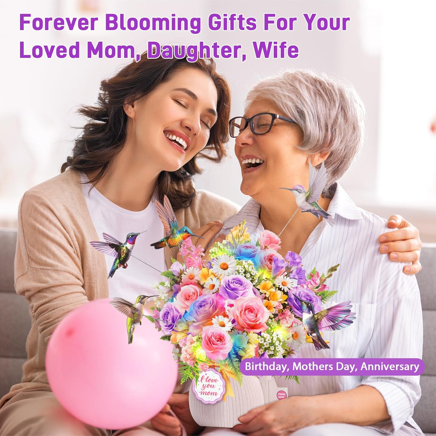 Thumbnail 2 de MZD8391: Music & Lights 3D Pop Up Mother's Day Card with Hummingbirds