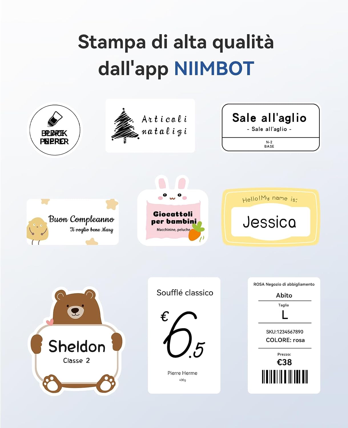 Detalle de NIIMBOT B1 etichettatrice Bluetooth con 3 rotoli