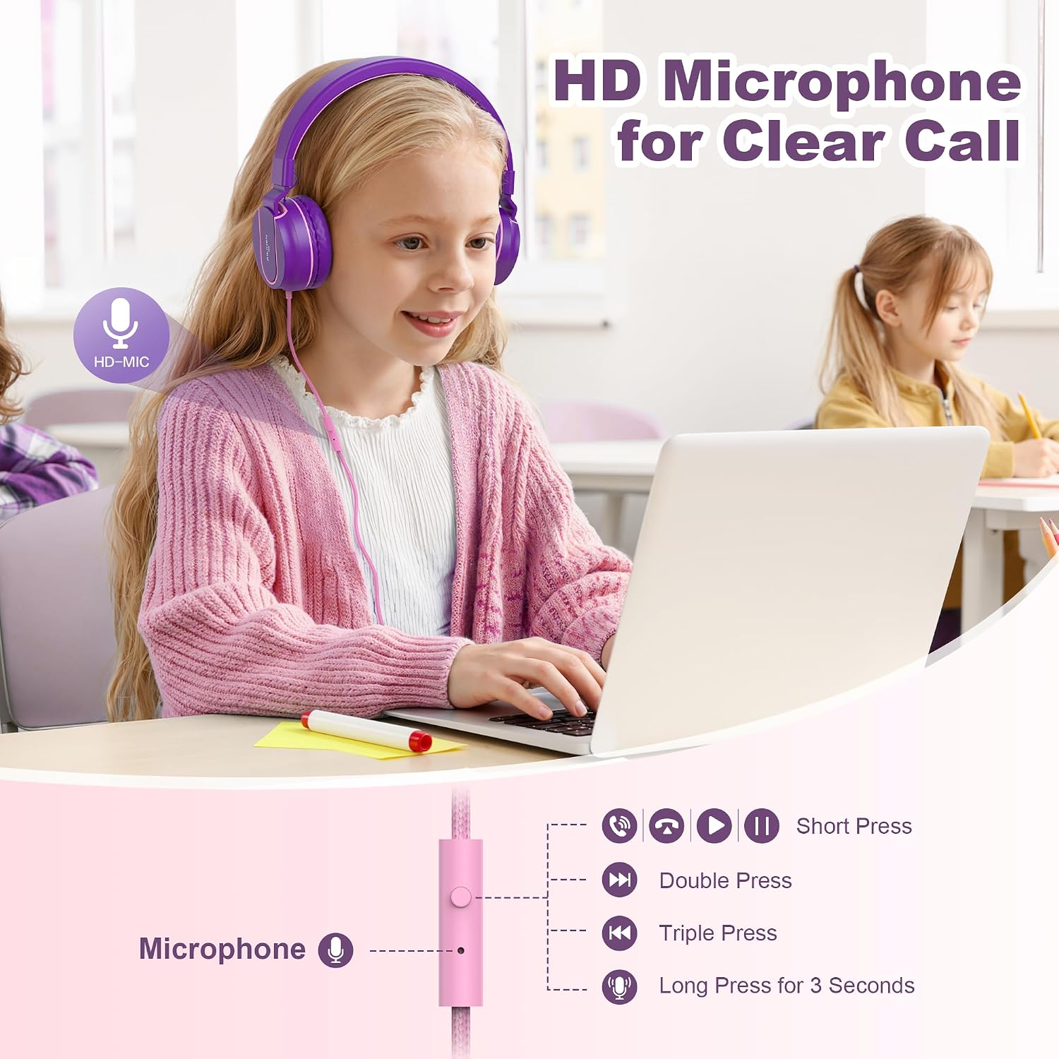 Detalle de Kids Headphones: Wired On-Ear with 93dB Volume Limiter, Foldable & Lightweight