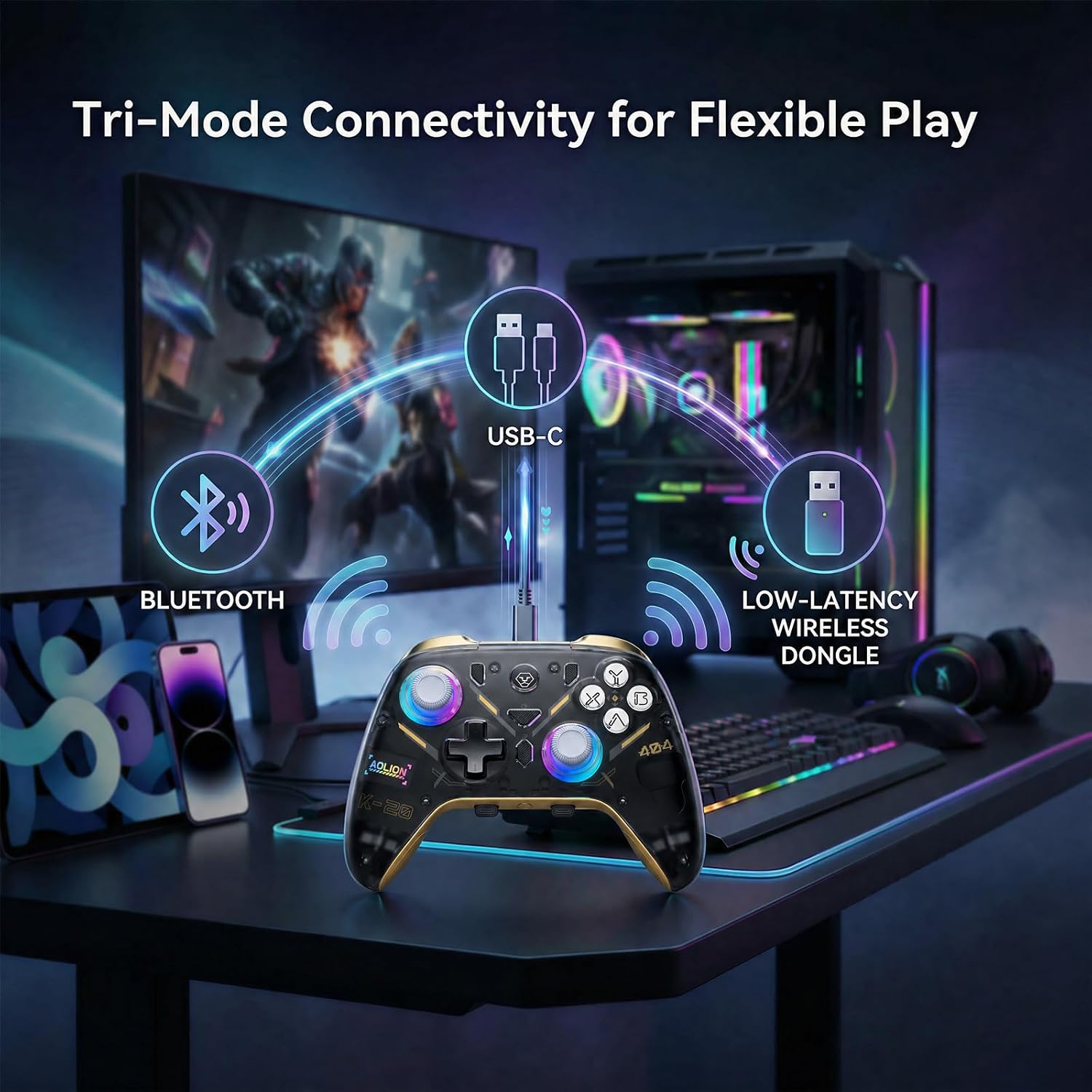 Detalle de Aolion gaming K20 (AL-K20-WG) Wireless Controller with Hall Effect Controls and Dock