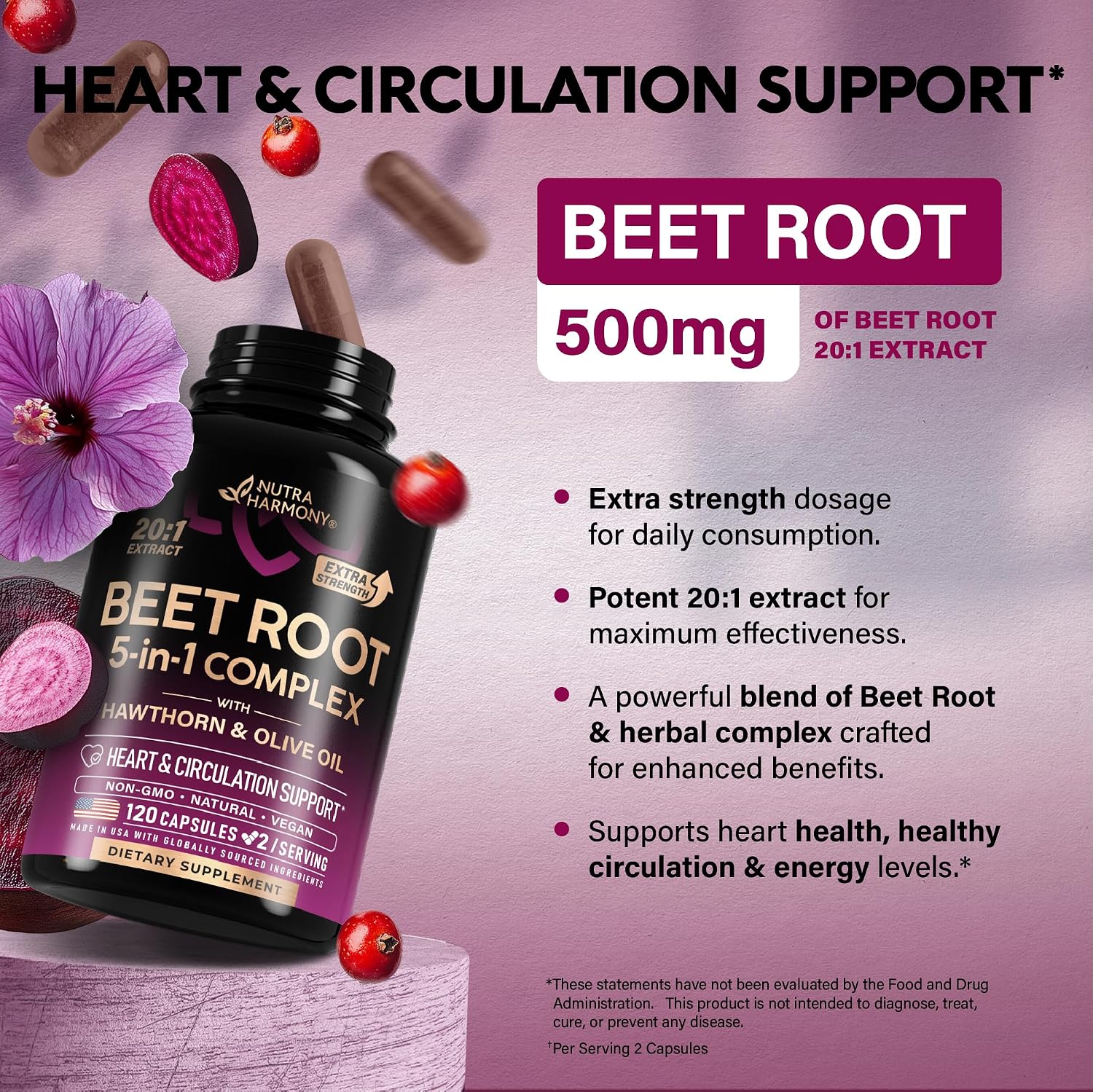 Detalle 2 de NUTRAHARMONY NH-BEETRTCPS120 Beet Root Capsules, 20:1 Extract, 120 Count