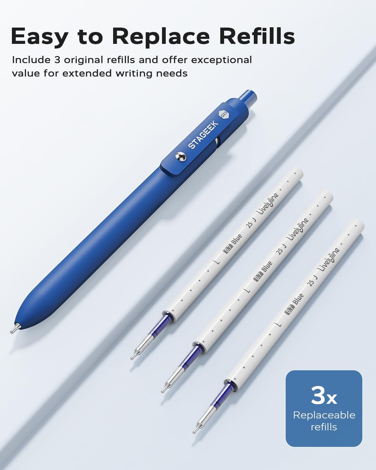 Detalle de STAGEEK Blue Gel Pens: 6‑Pack Fine Point with Extra Refills for Journaling and Notes