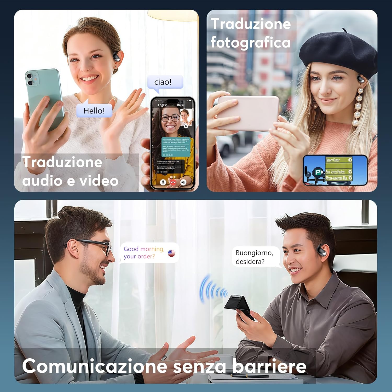 Detalle 2 de Paekole AI Cuffie Traduzione Simultanea 2026: Auricolari Bluetooth 6.1 4-in-1 con 198 Lingue, Open-Ear, 80 Ore di Riproduzione