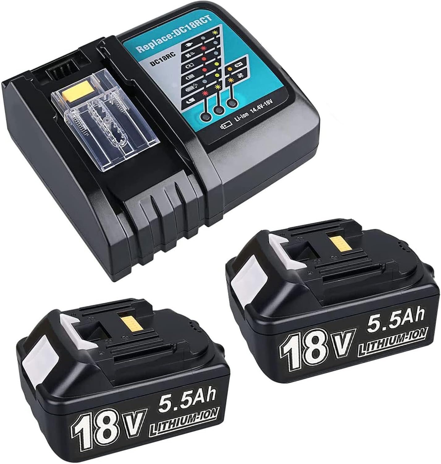Detalle de BATTOOL 18V-accuset met DC18RC-oplader, 2 accu’s van 5,5 Ah