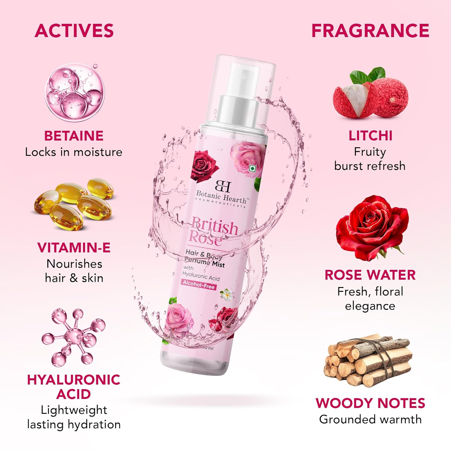 Detalle 1 de Botanic Hearth British Rose Hair Perfume & Body Mist (Alcohol-Free) — long-lasting rose scent for hair and skin, 3.4 fl oz