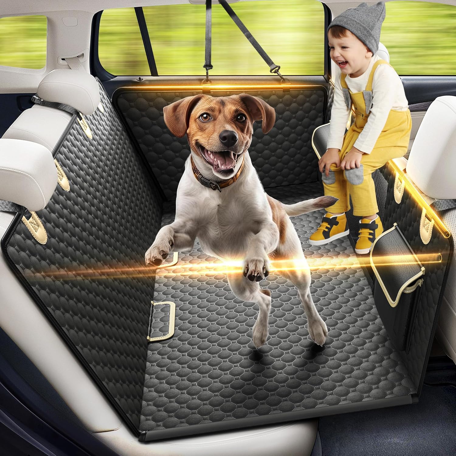 Detalle de SHARLOVY Back Seat Extender for Dogs: Heavy-Duty Car Seat Cover with Hard Bottom and 3-rod Safety Frame