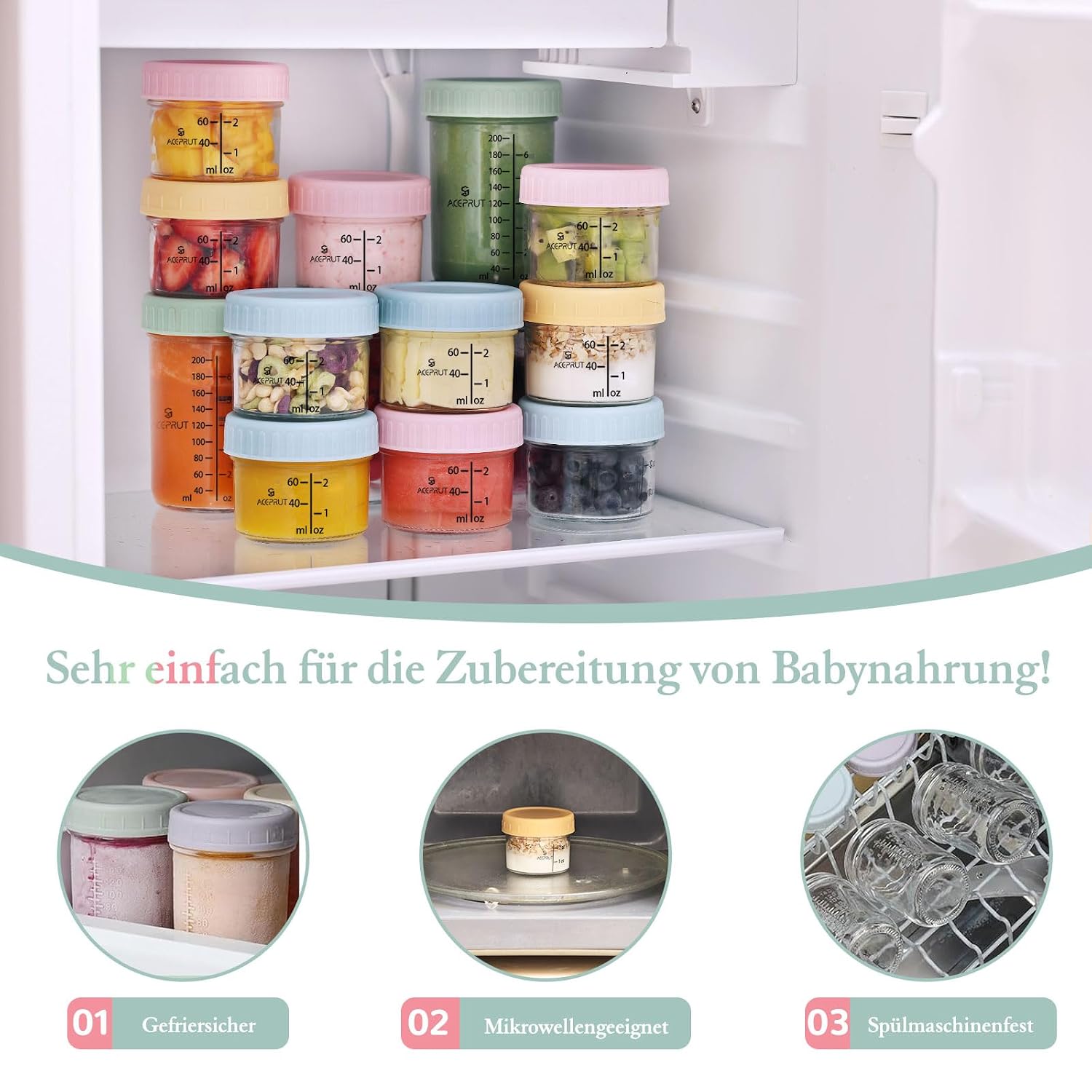 Thumbnail 4 de ACEPRUT 14 Stück Glas Babybrei Einfrieren Behälter 60ml/200ml