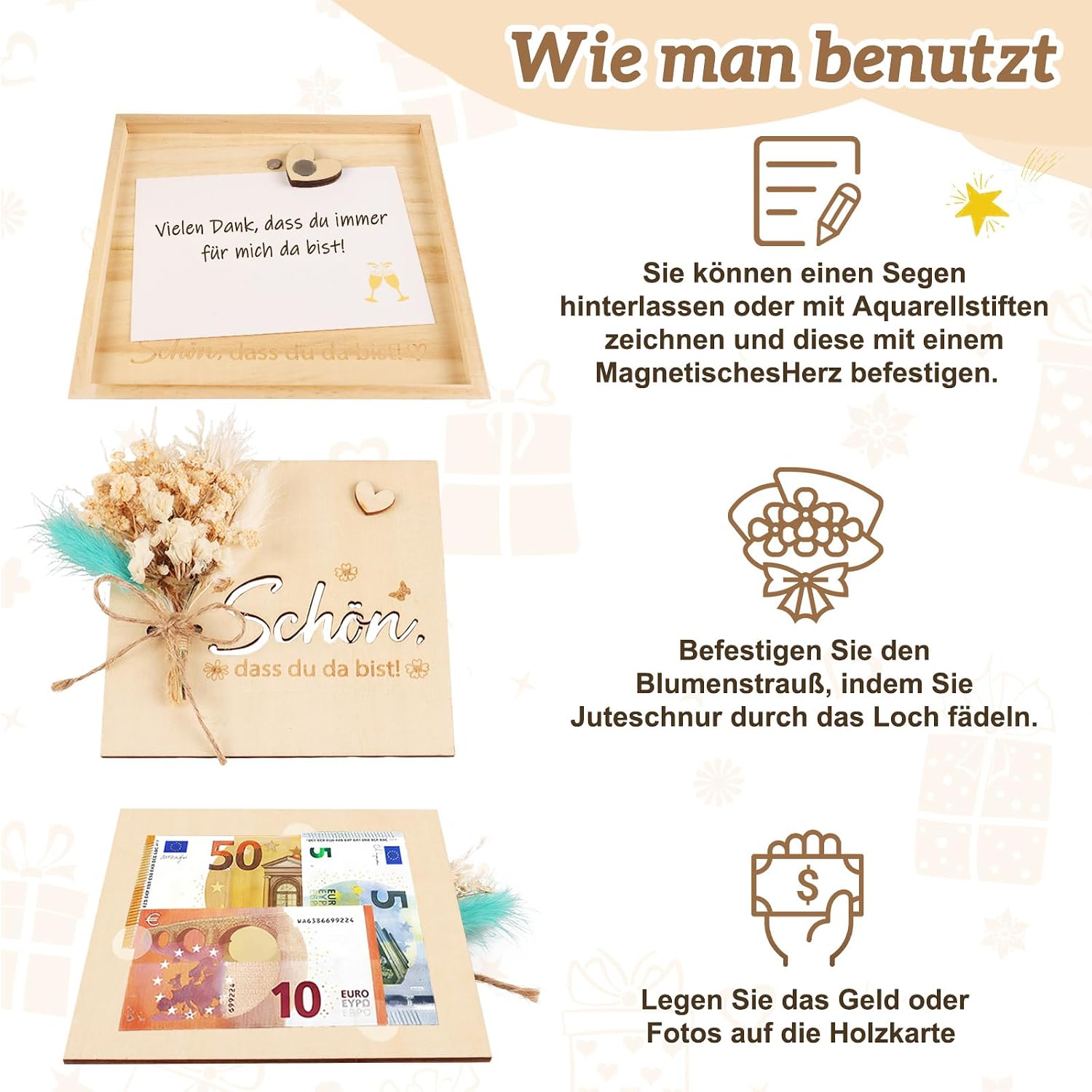 Thumbnail 3 de TUZELIYA 40. Geburtstag Frauen Geldgeschenk aus Holz mit Karte, Trockenblumen und Magnetverschluss