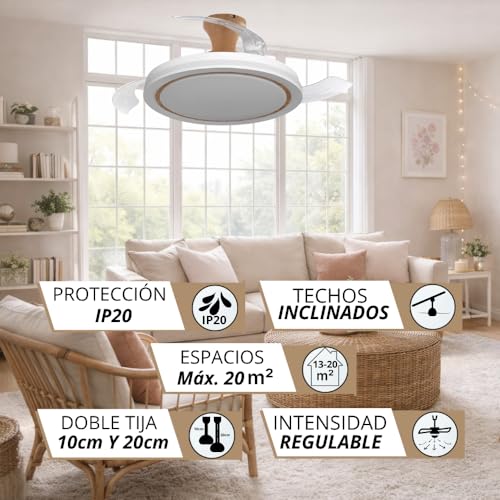 Detalle de NARVI CRETA 8938 WDN: Ventilador de Techo Blanco y Madera Haya Ø107 cm con Luz LED Regulable y Control por Mando