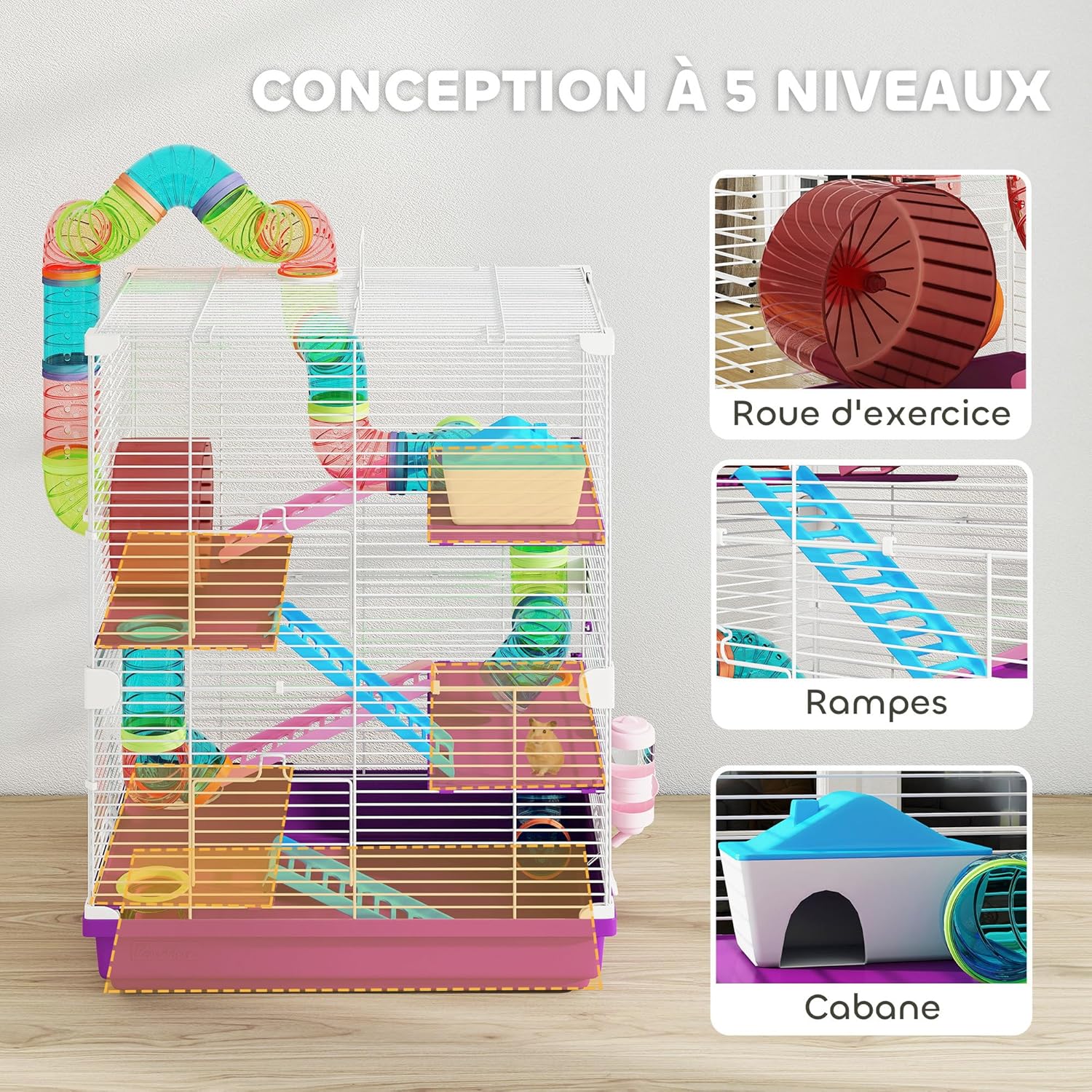 Detalle de PawHut – Cage pour hamster rongeur 4 étages avec tunnels, mangeoire, roue et échelles (46L x 30 x 58H cm)