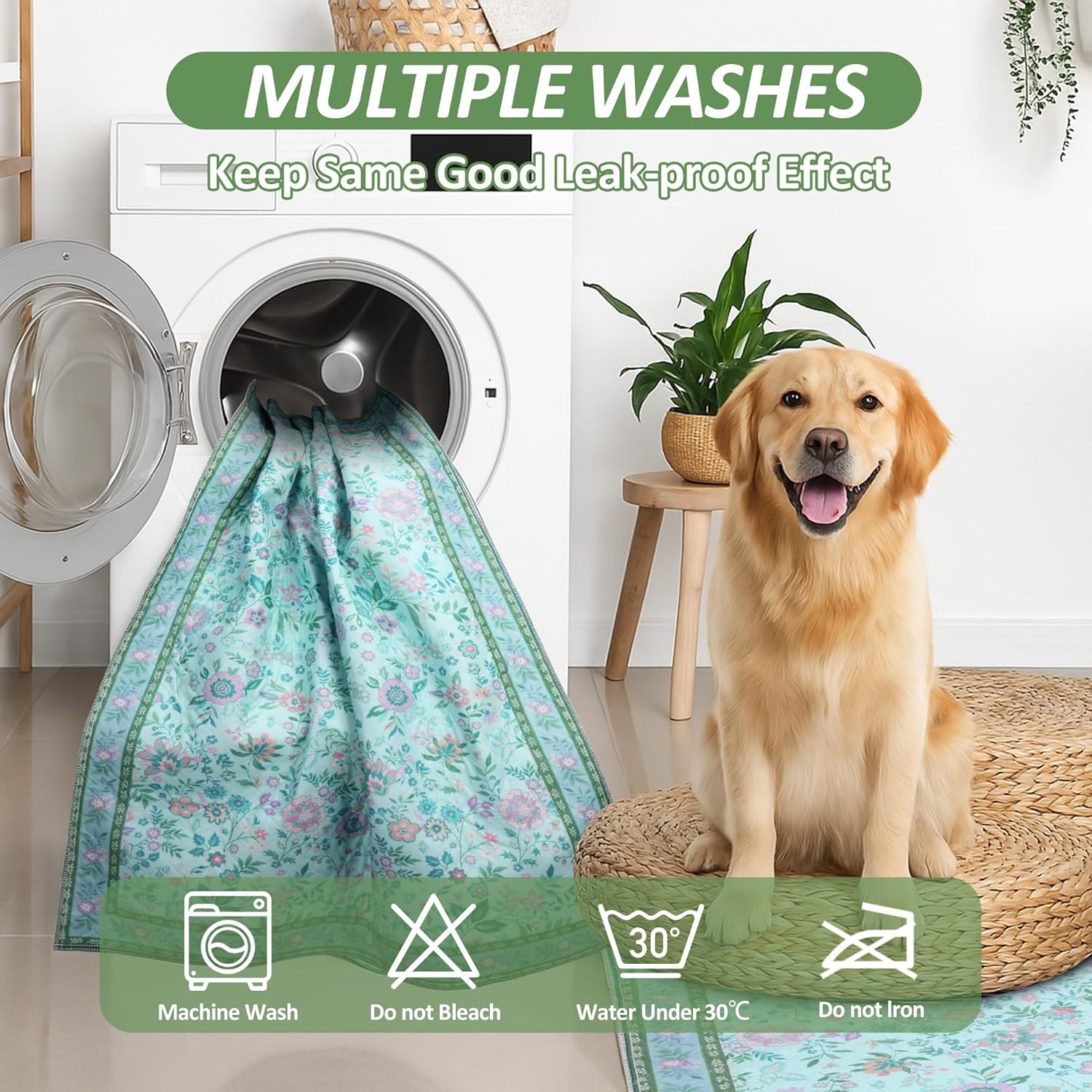 Detalle de Baodan Washable Puppy Pads (2 Pack) Waterproof Dog Pee Pads, 45x60 cm, Flower Pattern