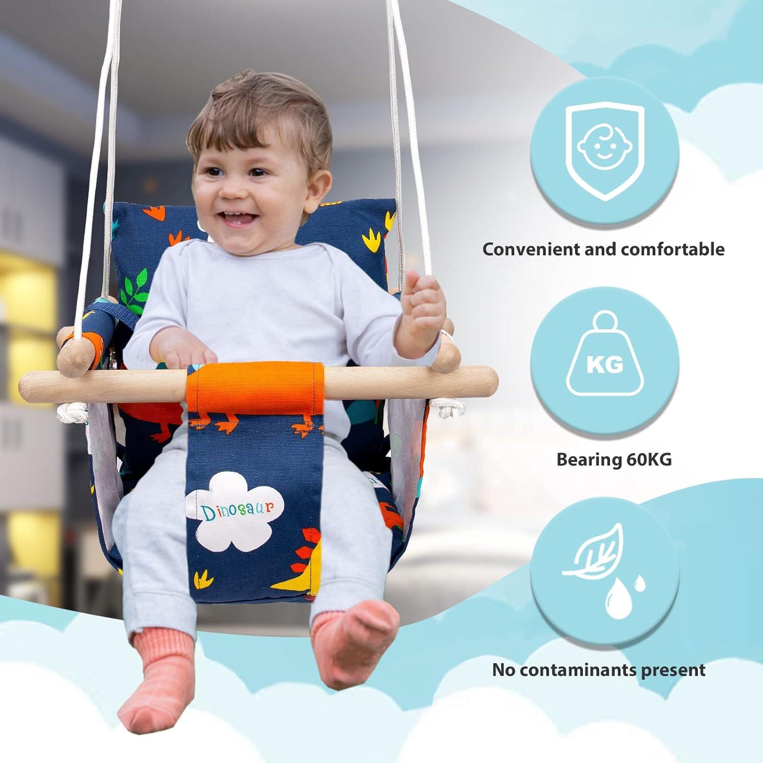Detalle de Katomi Schaukel für Baby und Kinder mit Sicherheitsgurt – verstellbare Länge, Edelstahl-Karabiner, Dinosaurier-Design