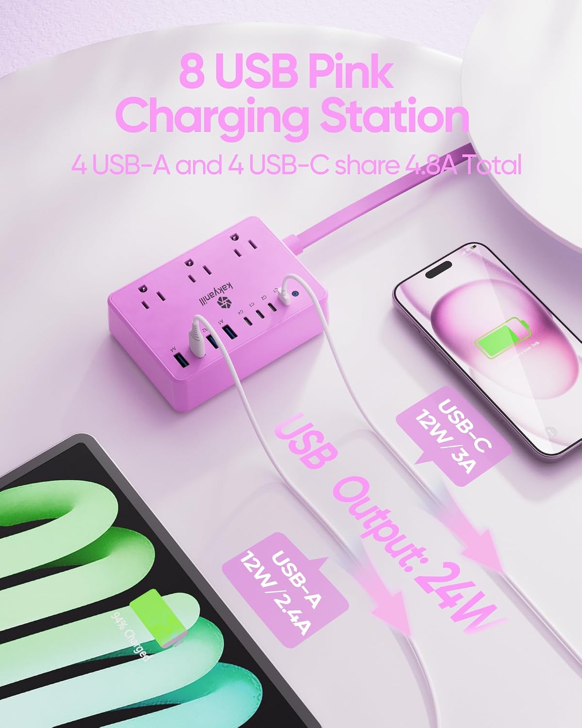 Detalle de Kakyanill DM6 Power Strip, 6 AC Outlets, 8 USB Ports, Purple, 5-Foot Cord