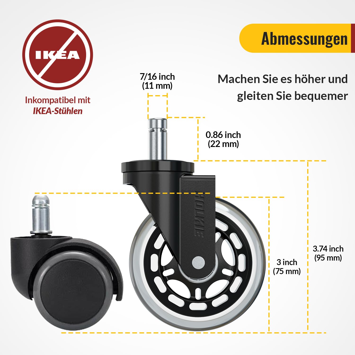 Thumbnail 1 de HOLKIE Bürostuhlrollen 10er-Set – glatte, schonende Parkettrollen 11x22 mm