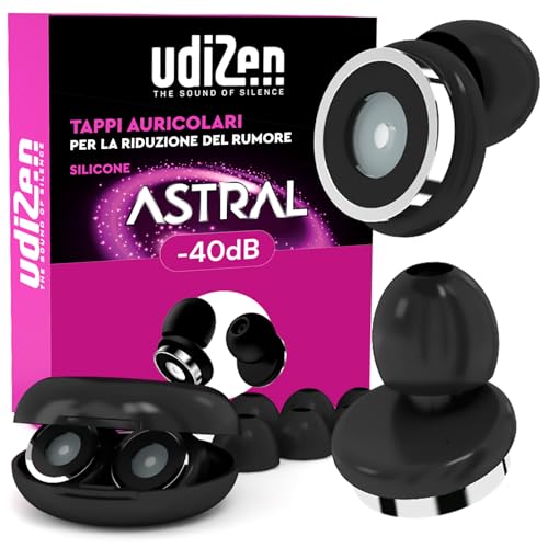 Tappi per Orecchie Antirumore UdiZen Astral -40dB di Udivita, inserti riutilizzabili in silicone con custodia