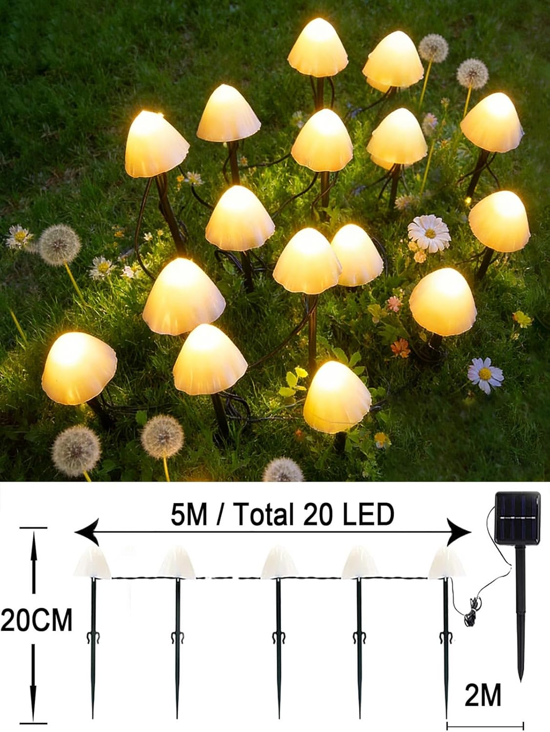 Detalle de Joycome Solar Garden Ornaments 5m 20 LED Mushroom Stake Lights (IP65, Warm White)
