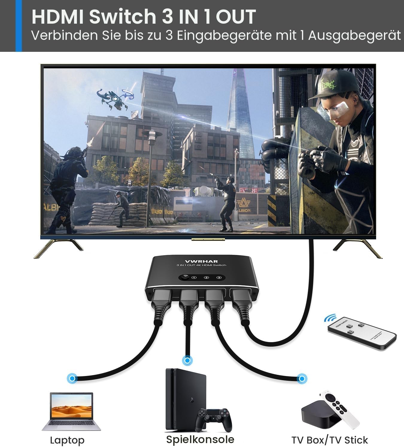 Thumbnail 1 de Automatischer HDMI Switch 3 in 1 Out – 4K Aluminium mit Fernbedienung