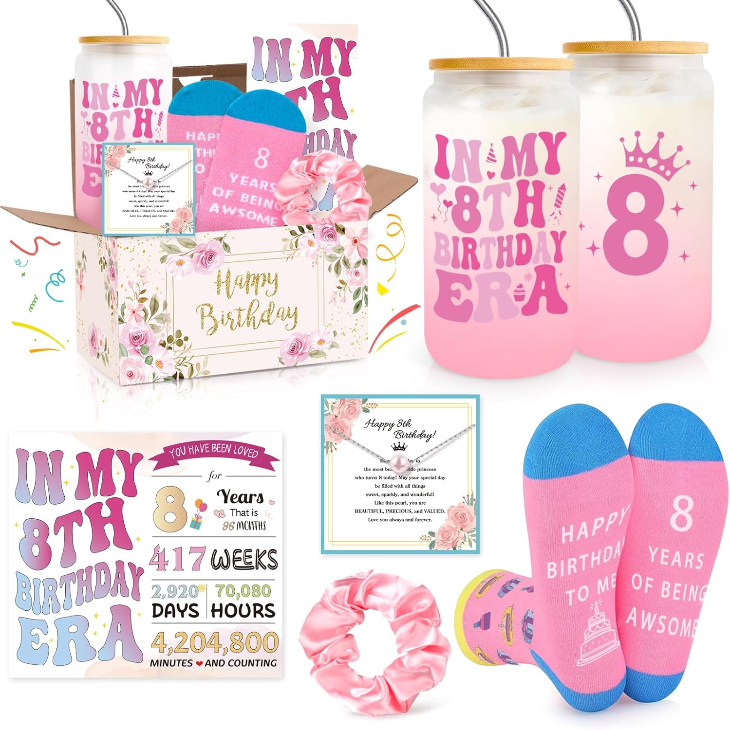 Frerdui 7-Year-Old Girl Birthday Gift Set with 16oz Glass Cup, Necklace & Accessories