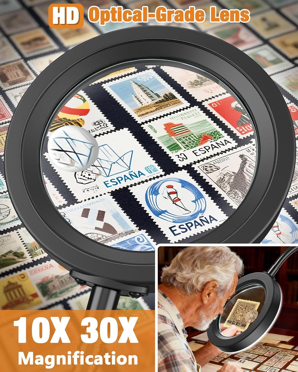 Thumbnail 1 de 30X 10X Magnifying Glass with Light and Stand — 5 Color Modes, Stepless Dimmable, HD Lens, Gooseneck