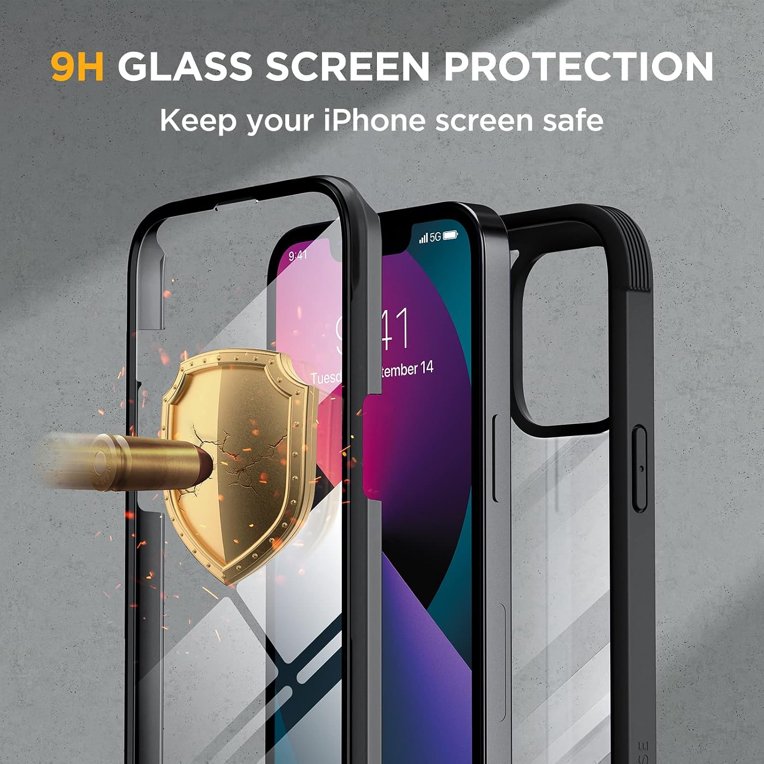Detalle de Miracase iPhone 13 6.1" case with built-in 9H glass screen protector (clear back, black bumper)
