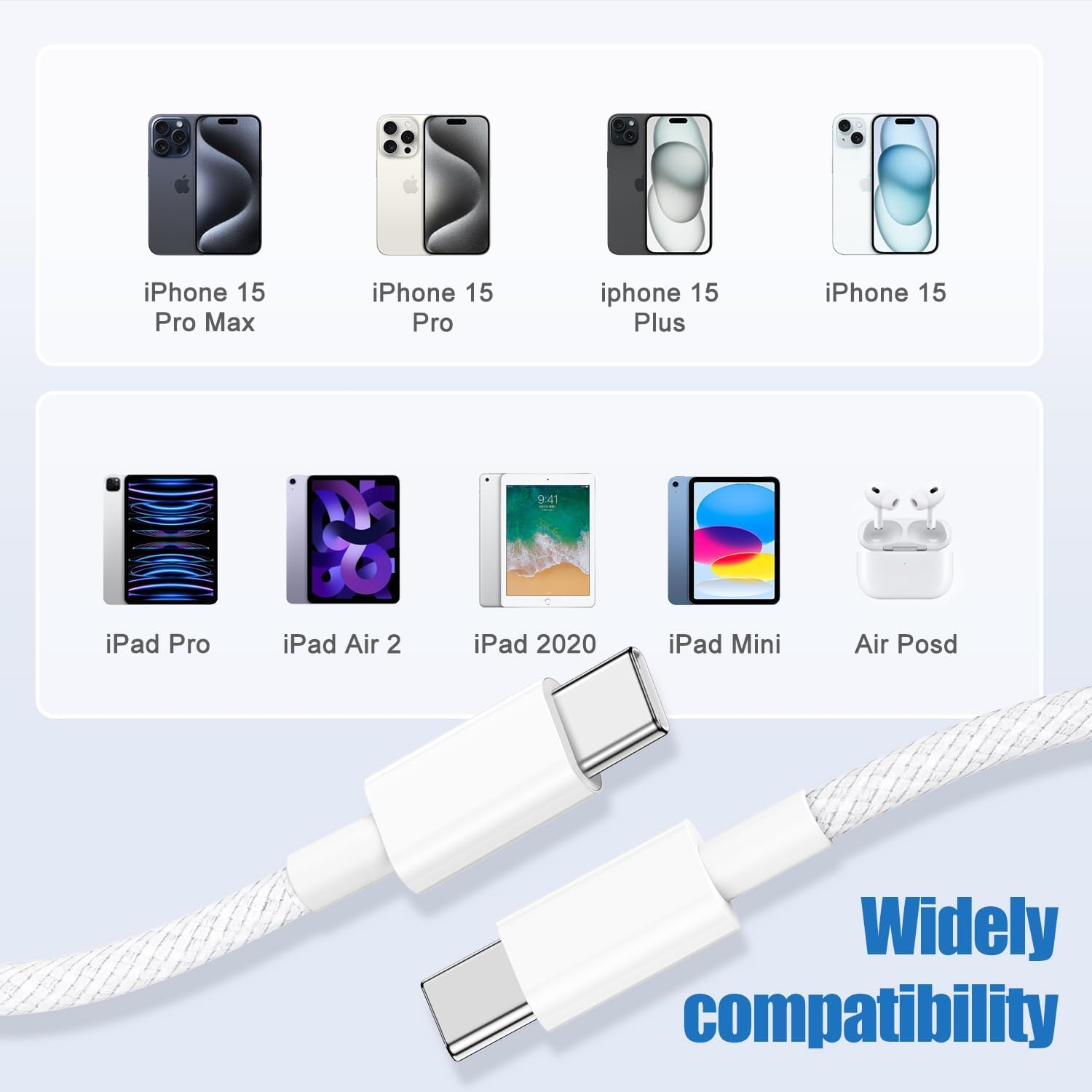 Detalle 2 de Qalirvis USB-C auf USB-C Ladekabel (3 m) mit 60 W Power Delivery und Nylongeflecht – für iPhone, iPad & MacBook