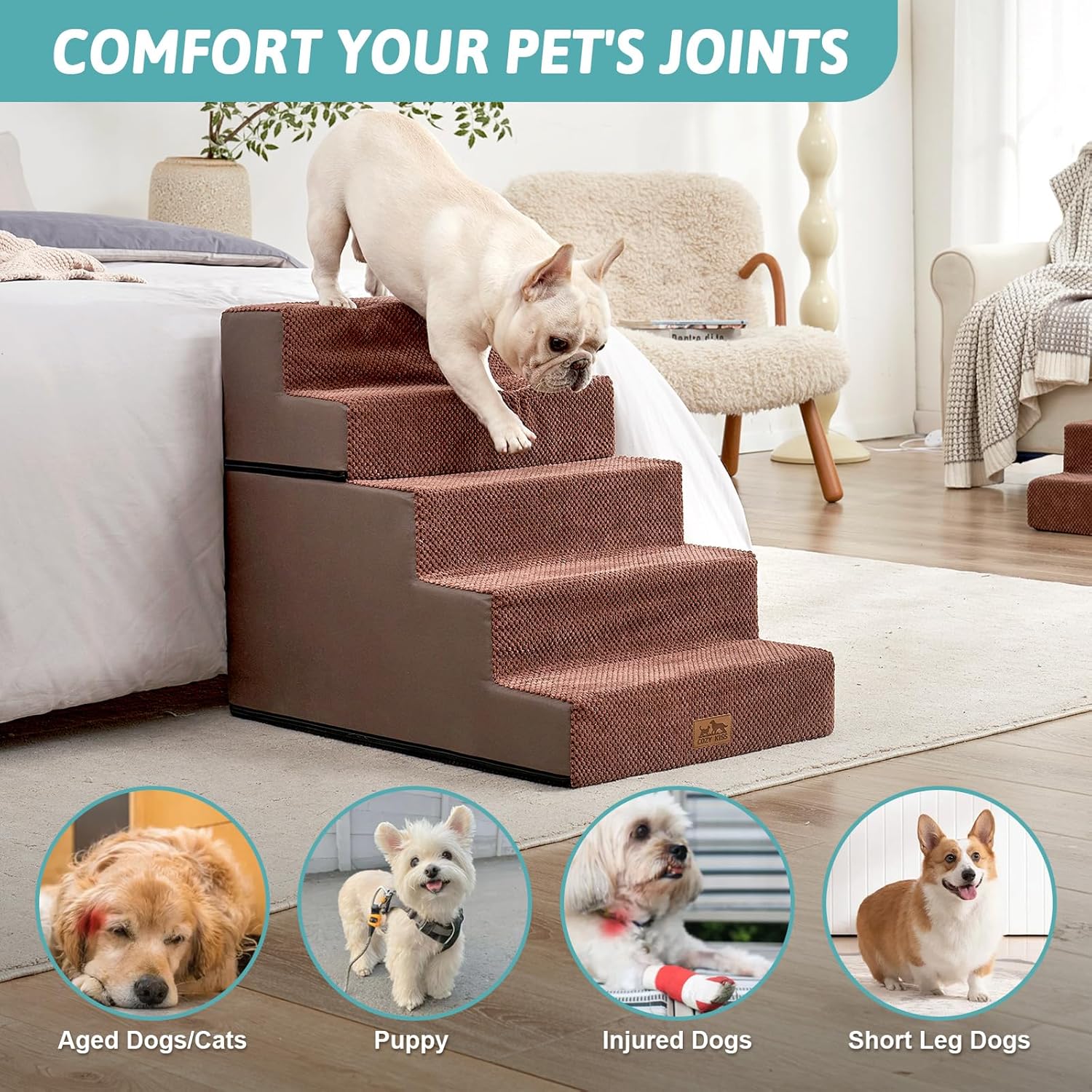 Thumbnail 5 de COZY KISS Wide Dog Stairs for Bed & Sofa: 5-Step, 50cm Wide, Non-Slip & Washable