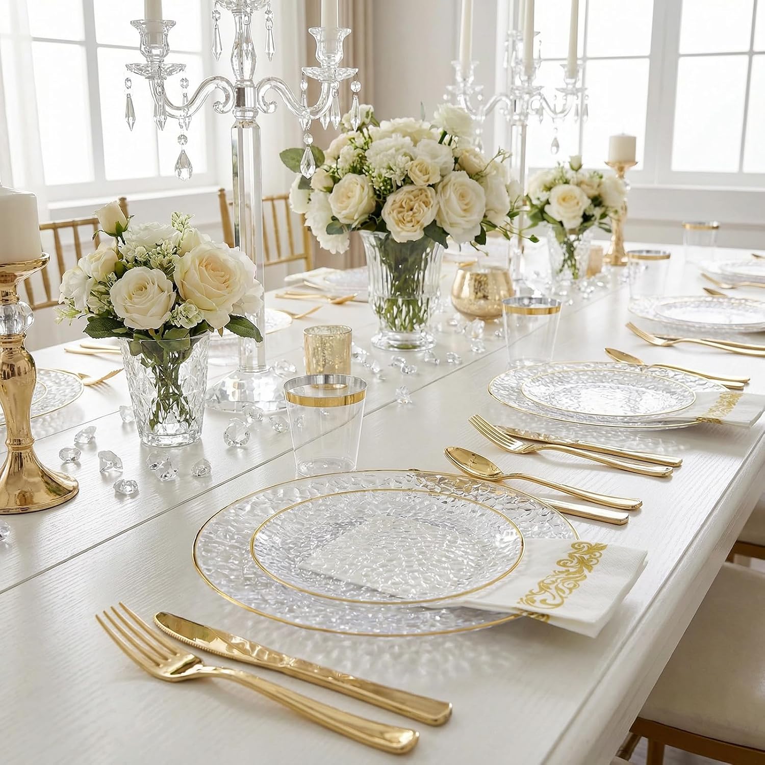 Thumbnail 6 de Rubtlamp 350 Pcs Clear Gold Hammered Plastic Dinnerware Set