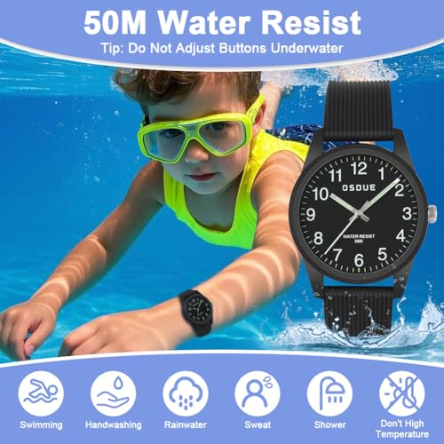 Detalle de OSDUE Kinderuhr: Lernuhr für Jungen & Mädchen, 50 m wasserdicht, Schwarz