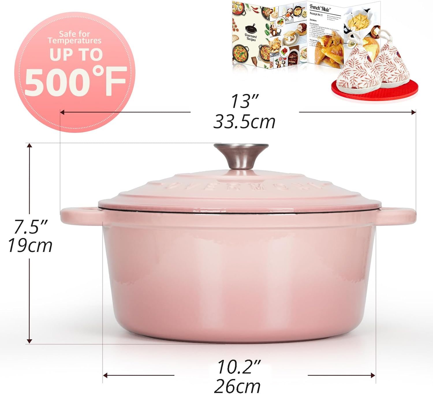 Thumbnail 1 de Overmont 26cm/5.2L Enamelled Cast Iron Round Casserole Pot with Lid (Pink) — Lid, Cookbook & Cotton Potholders