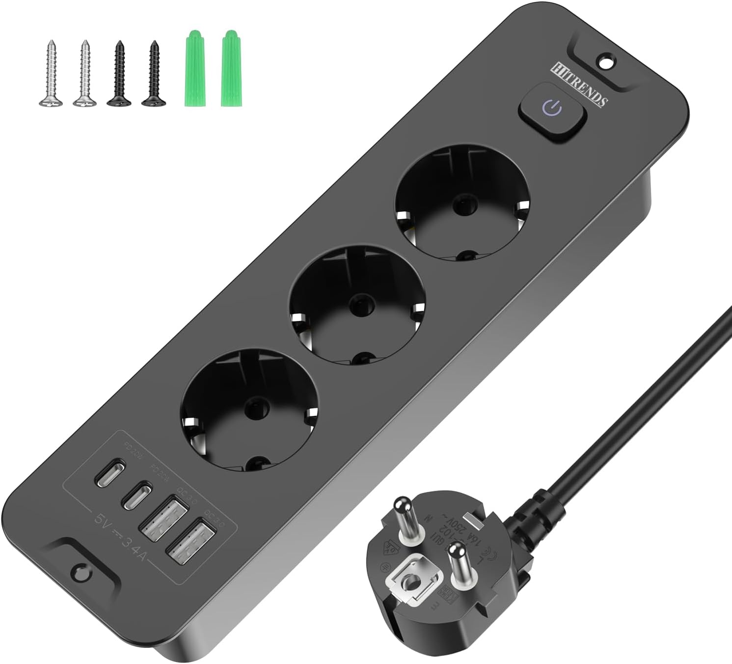 Detalle de HITRENDS HS-FEX-4U-3K inbouwstopcontact met 3 stopcontacten en 4 USB-poorten