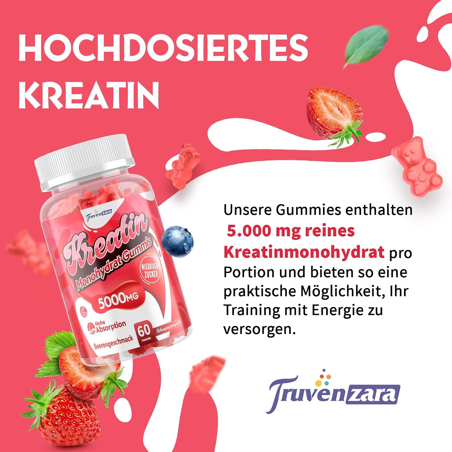 Detalle 2 de Truvenzara Kreatin-Gummies Komplex 5000 mg pro Portio – 5-in-1-Formel, vegan, Beerengeschmack, 60 Stück (2er Pack)