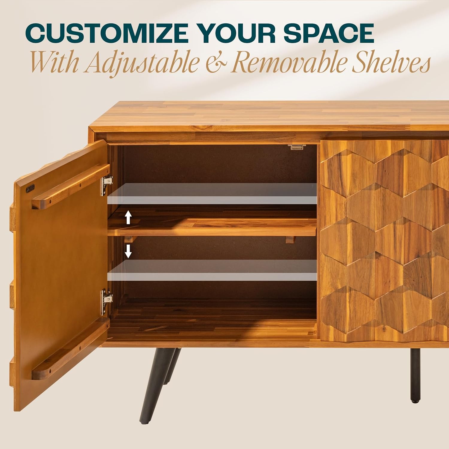Detalle de Bme Georgina 3YBL Sideboard, Solid Acacia, 2 Doors & 3 Drawers, Teak Brown