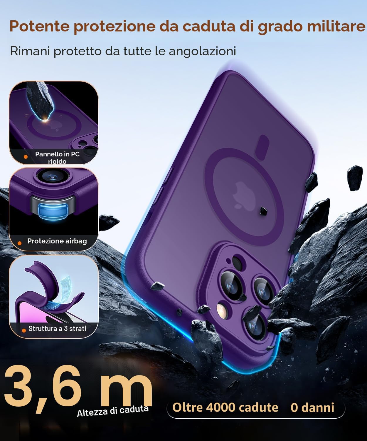 Detalle de CANSHN Cover magnetica per iPhone 14 Pro da 6,1" compatibile MagSafe, protezione fotocamera e antiurto viola profondo
