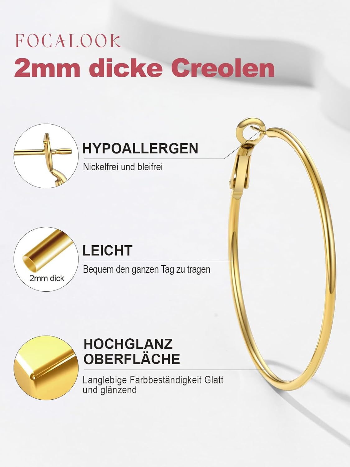 Detalle de FOCALOOK Creolen aus Edelstahl für Damen (30/50/70/100 mm) in Rund-Optik – silber, gold oder schwarz