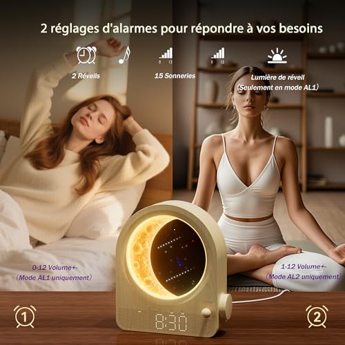 Detalle de blonbar Lampe lune avec réveil à lumière du jour – lampe de chevet avec 2 réveils, 10 sons naturels et veilleuse nocturne
