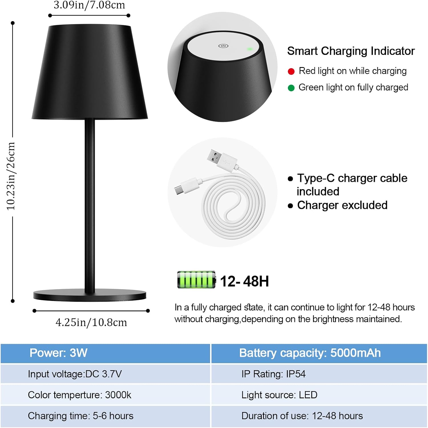 Detalle 2 de lundwa dimmbare Akku-Tischleuchte (2er-Set, 26 cm) mit USB-Ladung, 3 W und 3000 K, IP54 (Schwarz)