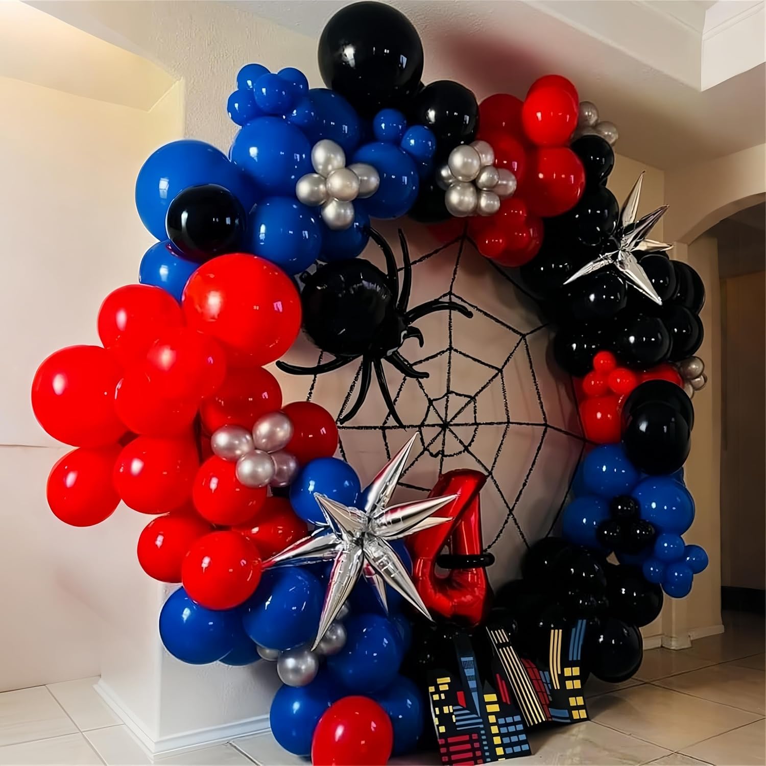 Detalle de Red Blue Black Balloons, 12 Inch Royal Blue Red Confetti Latex Balloon Kit — Spider Theme Party Decor