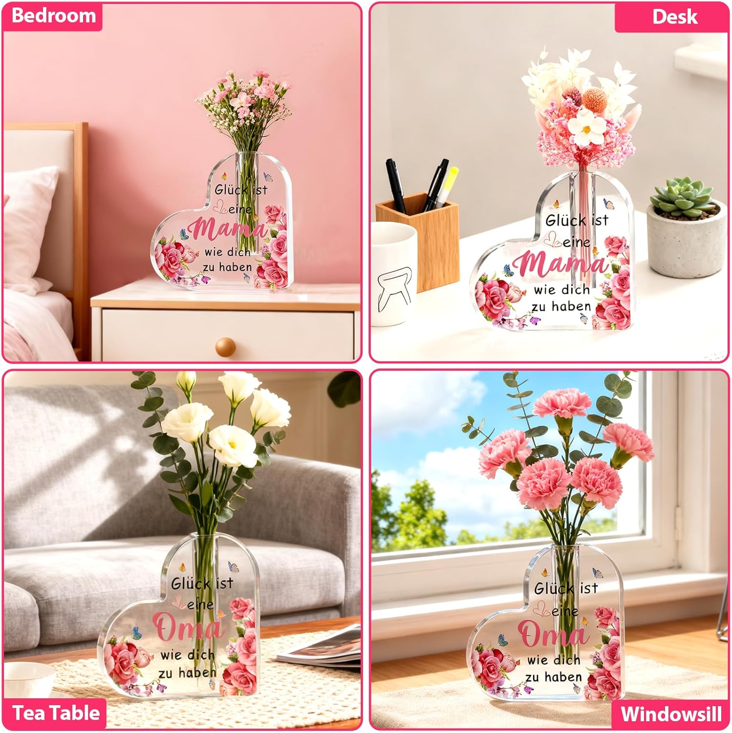 Thumbnail 4 de Wryzorix Acryl-Herzvase „Beste Oma der Welt“ – Muttertags-/Geburtstagsgeschenk (15 x 15 x 2,5 cm)