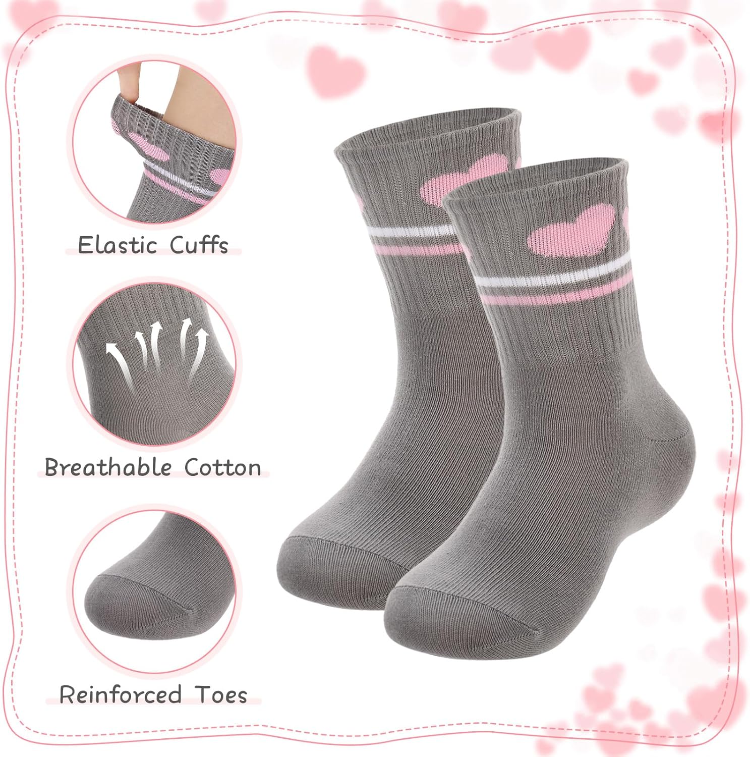 Thumbnail 2 de Zuimei 6 Pairs Kids Crew Athletic Socks with Stripes, Hearts, Bow & Flower – UK Size 3-4