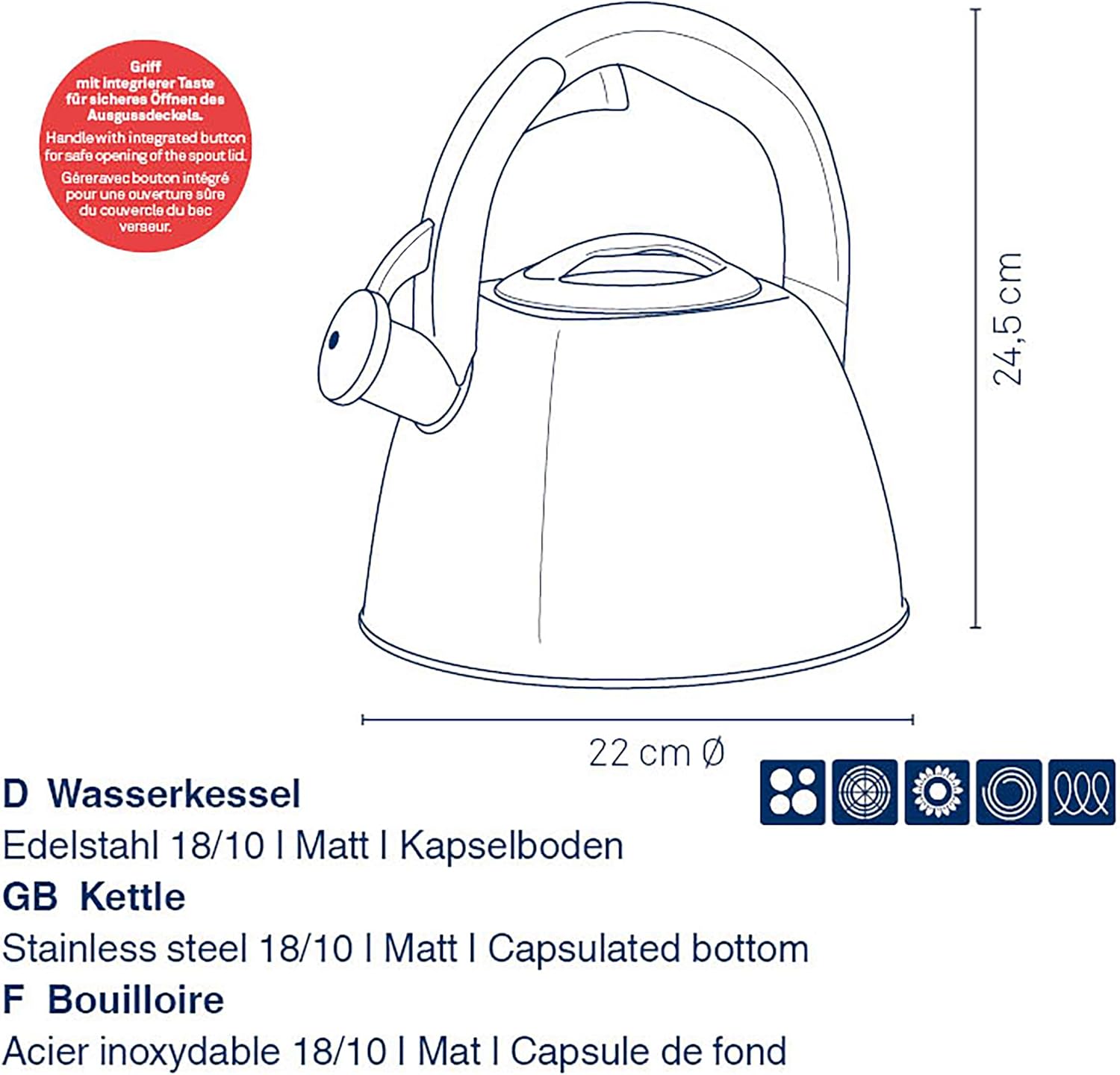 Detalle de kela Vitus – czajnik na indukcję 2,4 l ze stali nierdzewnej, z gwizdkiem
