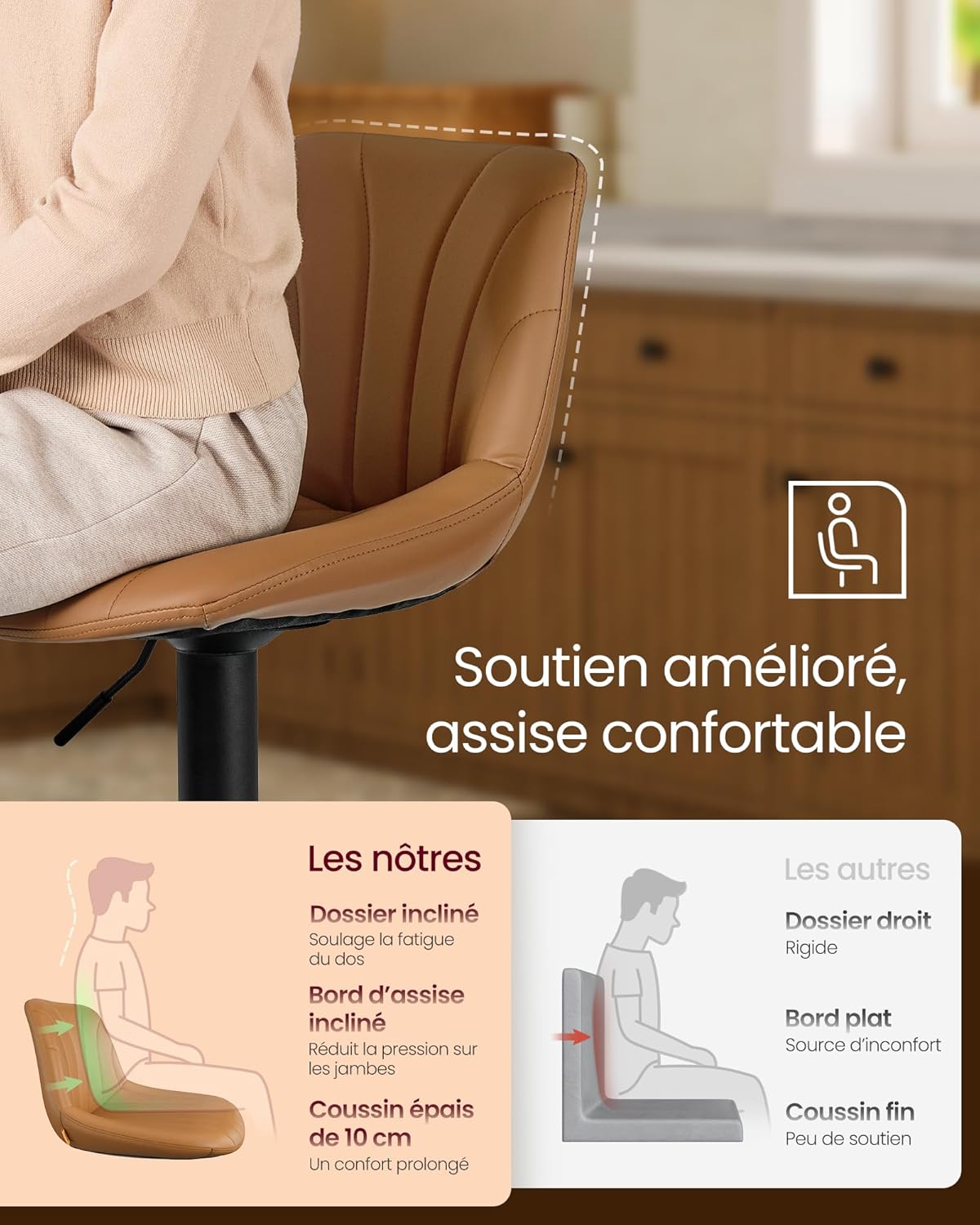 Thumbnail 3 de VASAGLE lot de 2 tabourets de bar avec dossier PU, hauteur réglable 60–80 cm et rotation 360° (LJB181KN01) marron caramel