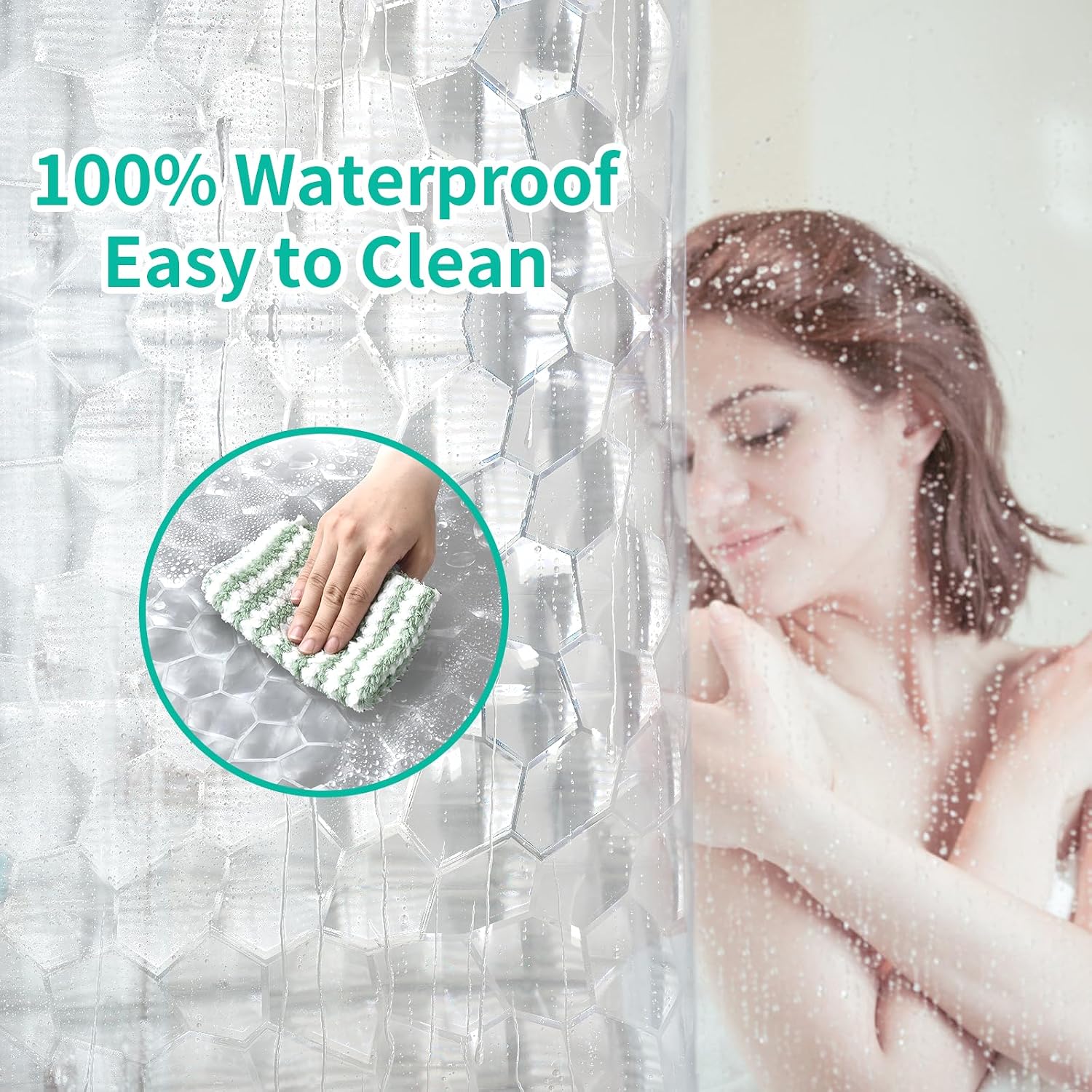 Thumbnail 6 de OTraki Clear Shower Curtain 180 x 180 cm: Extra Long 3D Design, Anti-Mould, Waterproof with 12 Hooks