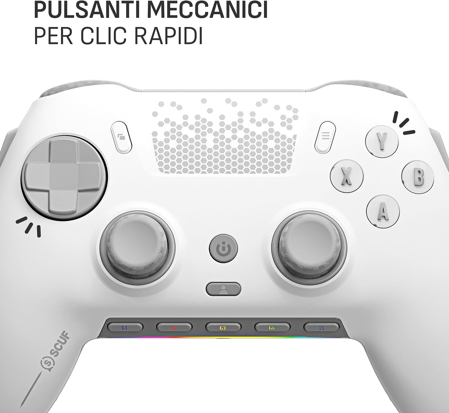 Detalle de SCUF ENVISION PRO Wireless V1 (2023): controller PC con 5 G-Key programmabili, paddle posteriori e integrazione iCUE