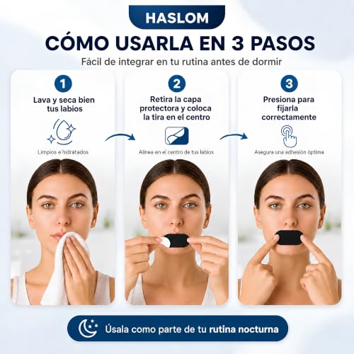 Detalle de HASLOM 60 Tiras Bucales para Dormir Negras – Cinta bucal antironquidos