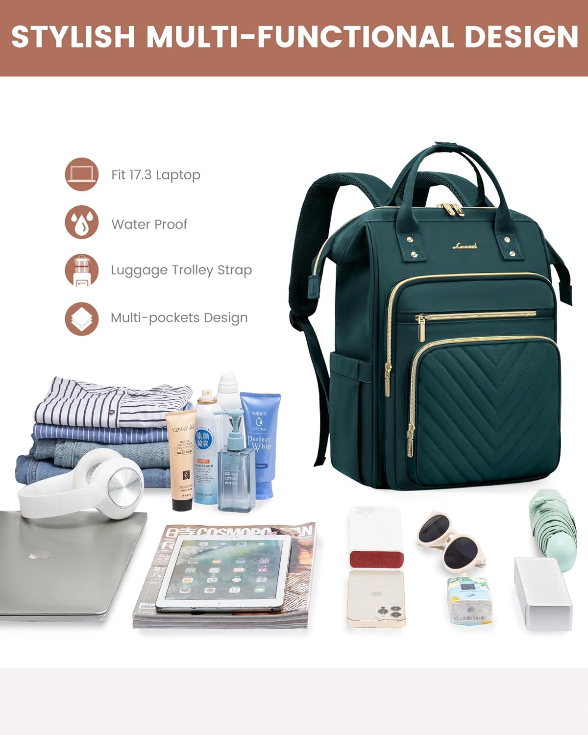 Thumbnail 4 de LOVEVOOK Women’s Laptop Backpack (17 inch) with USB Port and Anti-theft Zipper, Dark Green