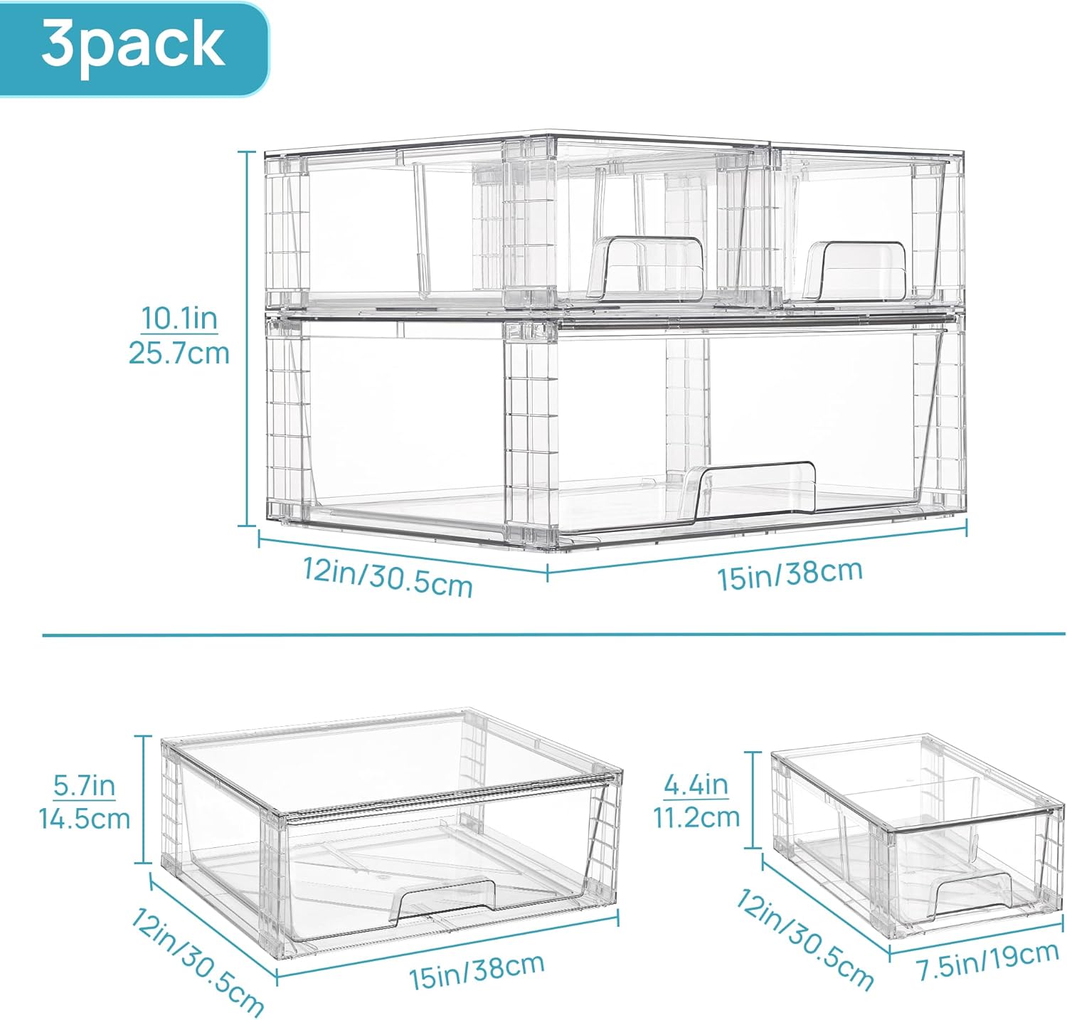 Thumbnail 2 de Vtopmart 3 Pack Stackable Storage Drawers 3pcs