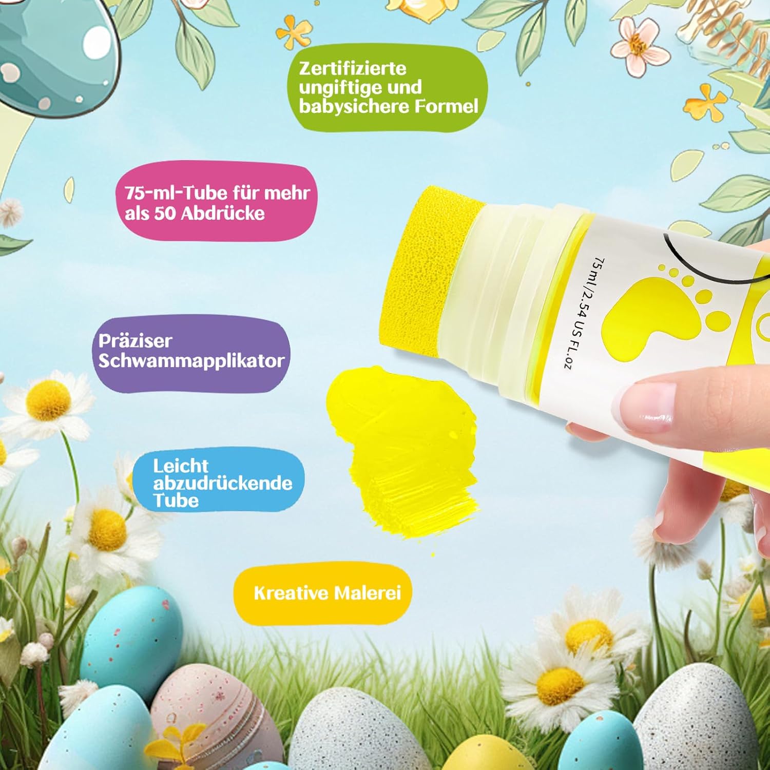 Thumbnail 1 de TOGOU2S Fußabdruck Baby Farbe mit Schwammkopf – ungiftig, 75 ml, Gelb