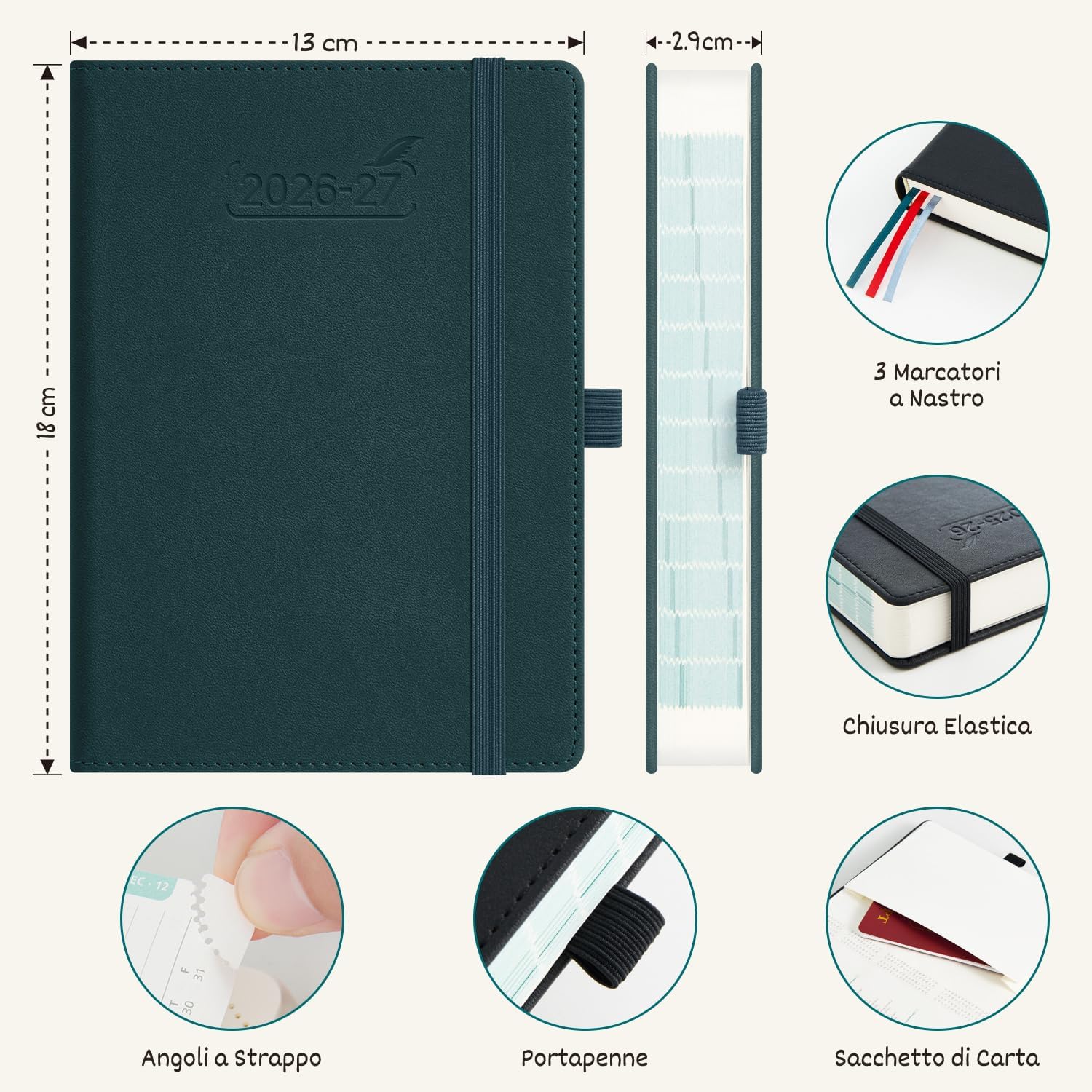 Detalle 2 de BEZEND Agenda 2026/2027 Giornaliera B6 17x12 cm, Copertina in Pelle PU Verde Scuro, 16 mesi